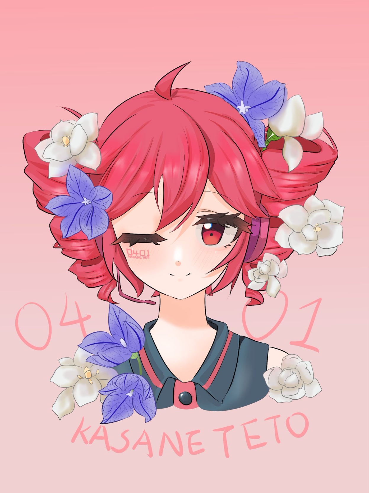A bust illustration of UTAU Teto winking with purple and white flowers around her.

Art by @KeMao71220 on Twitter.
