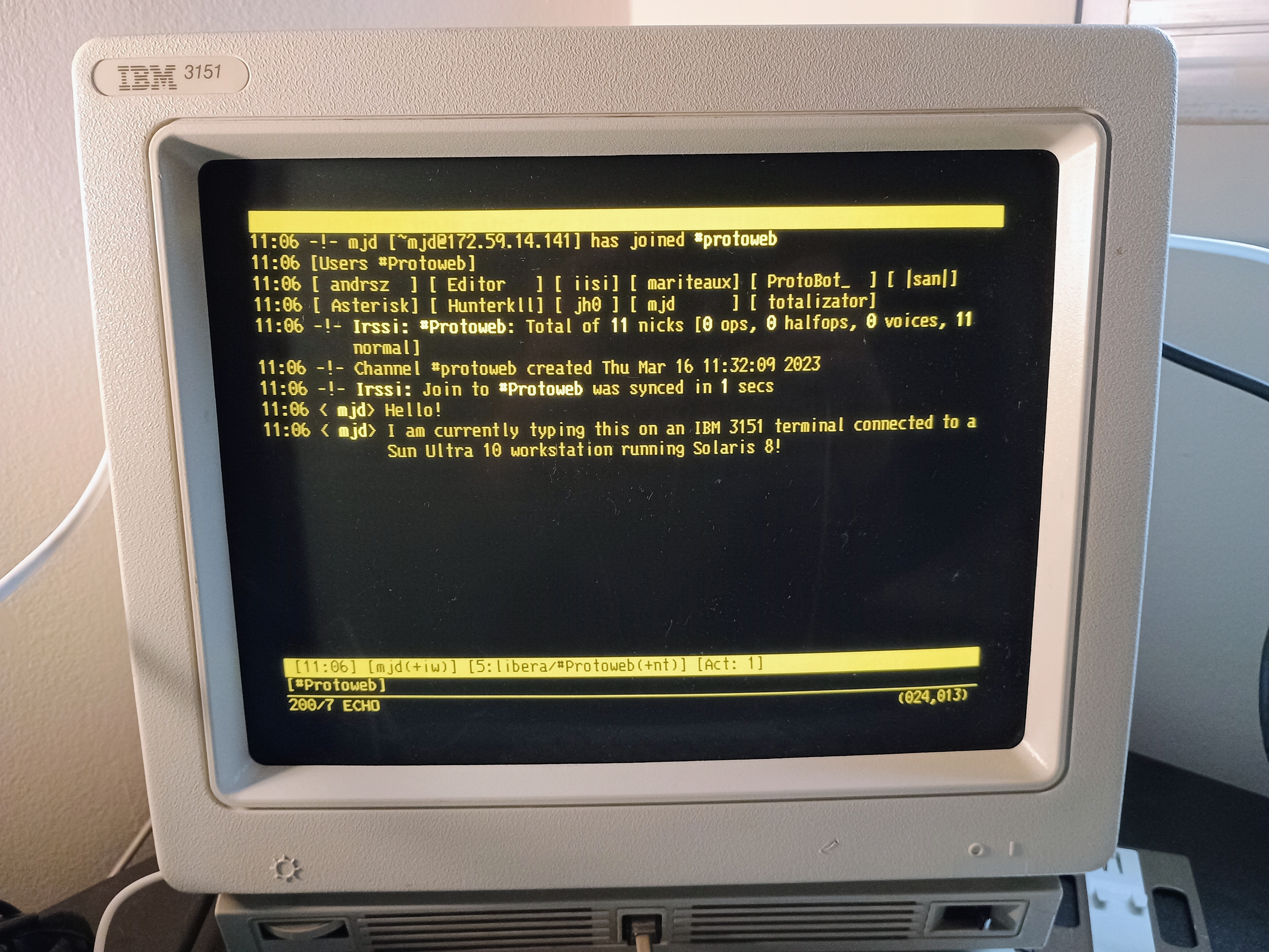 A picture of the Protoweb Libera Chat channel on an IBM 3151