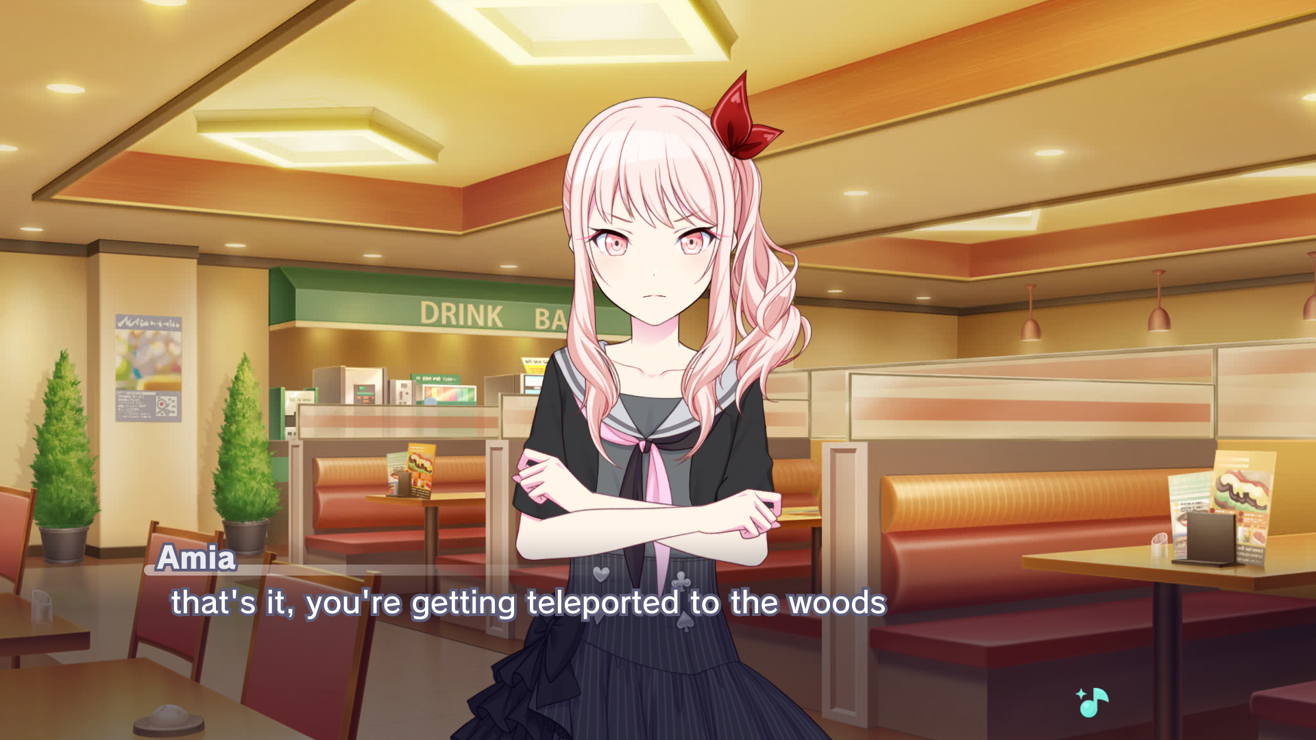 project sekai custom story board with mizuki in a family restaurant saying "that's it, you're getting teleported to the woods"