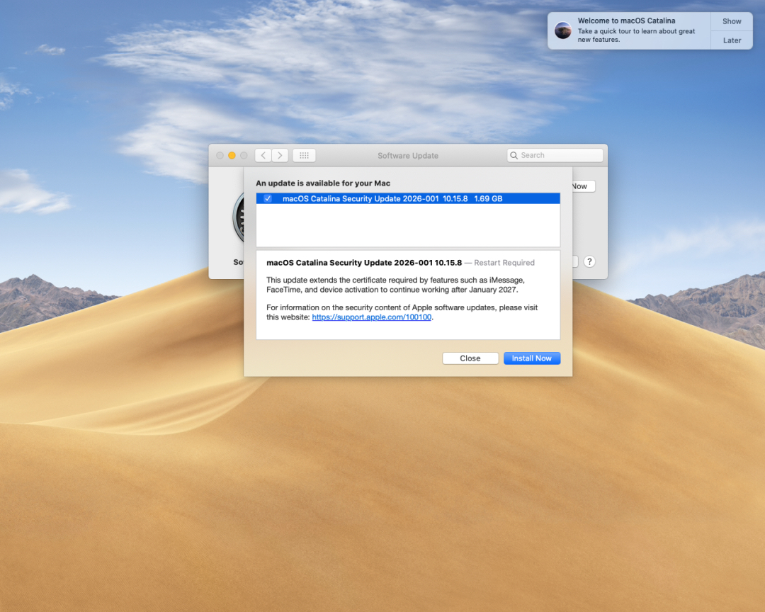 A screenshot of MacOS Catalina, with a pending update.  In 2026.  Wild times.