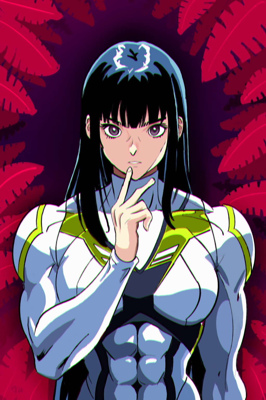 Full-Colour drawing of a raven-haired woman with impressive muscular physique, wearing a bodysuit in the colours of the Agrigen corporation – white, black and green, seemingly locked in a contemplative stance, with her hand moving up to her chin in a thinking gesture. She is looking at the viewer with dark eyes that have a hint of purple. There is strange red foliage in layers behind her.