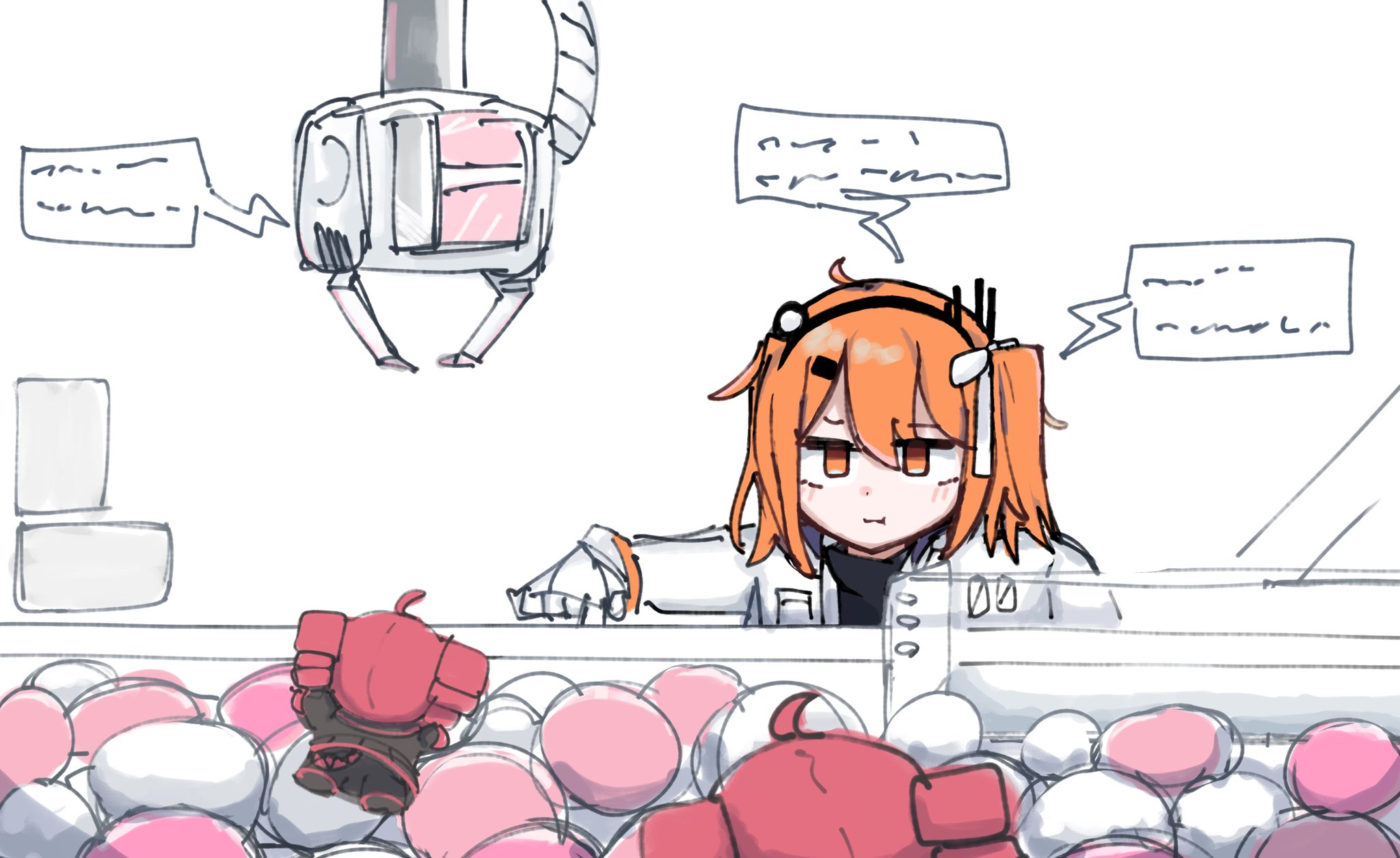 An illustration of Adachi Rei playing a claw machine that has different colored balls and two Teto plushies. She has the claw lined up to the Teto plushie that's closest to her as the second one can only be seen from the back of her head in foreground. 

Art by @iseebino_e on Twitter.