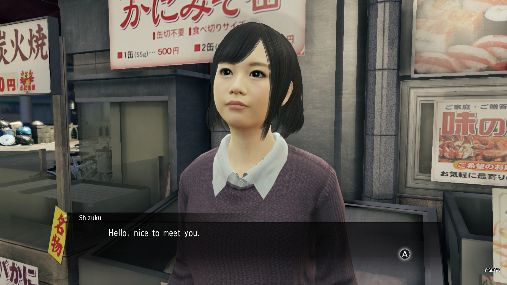 Another screenshot only this time showing Shizuku. She's wearing a purple shirt and is looking forward. She says, "Hello, nice to meet you".