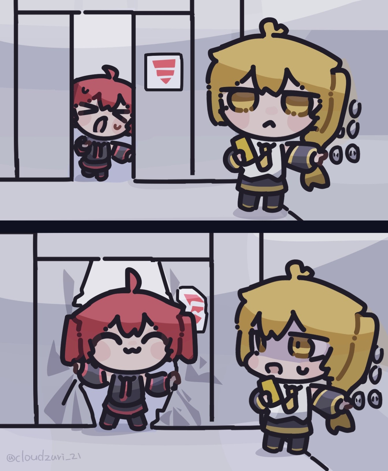 A two panel comic of chibi Teto and Neru in an elevator setting.

Panel 1: Teto is running to the doors right as it's being closed, she's not going to make it. Neru has her back turned and is about to press a button not knowing what's going on.

Panel 2: Teto forcefully opens the doors with her arms bending and damaging the metal. Neru turns and is scared while she presses the button.

Art by @hayeong21m on Twitter.