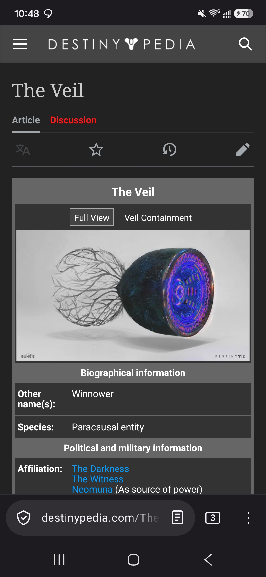 Screenshot of the destinypedia article for The Veil. It looks like an ube potato cut in half with a bunch of wispy grey sprouts coming from the side that hasn't been cut