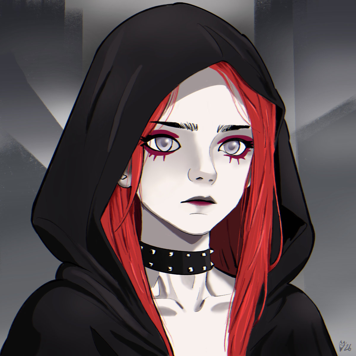 portrait drawing of a pale red-haired woman with blood red eyeliner and pale silvery eyes. She is wearing a dark hooded cloak and a studded leather collar. She has a sort of forlorn expression on her face, staring past the viewer. There are ominous grey monolithic shapes in the background, vanishing in the mist.