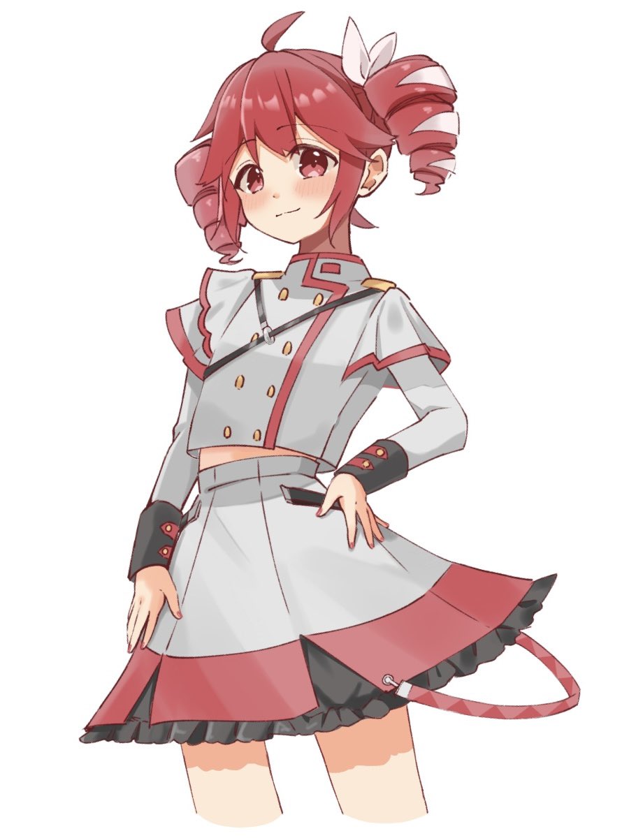 SynthV Teto standing and looking slightly towards the left. She has her left hand on near her hip and her right right going down to her skirt. She's giving a light smile. 

Art by @tu_gumi on Twitter.