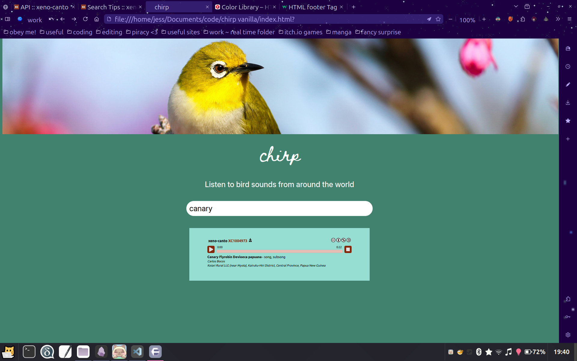 screenshot of my web app/site called "chirp". it has a dark green background, a photo of a yellow bird at the top, a simple search box, and it's showing the result for the term "canary" with a little card containing a player with a recording of a canary song