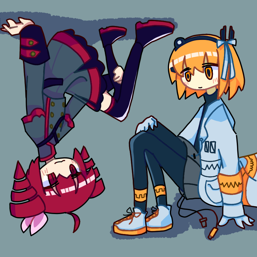 Teto sitting upside down on the left side looking at Adachi Rei who is sitting upright on the right side who is also looking at Teto with both giving a light smile.

Art by @aoooo_kale on Twitter.