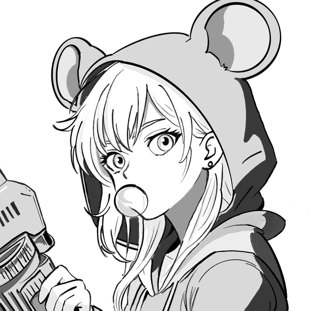 Line art drawing of a girl making a gum bubble, looking at the viewer with bright eyes. Strands of her light hair fall from beneath a mouse-eared hoodie and she is holding some sort of device half out of frame that might be a weapon.