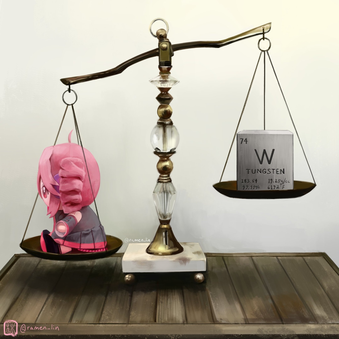 An illustration of a balance scale weighing a beeg Teto plushie and a Tungsten cube that has its element info etched onto it. Teto is pulling down the scale.

Art by @ramen_lin on Twitter.