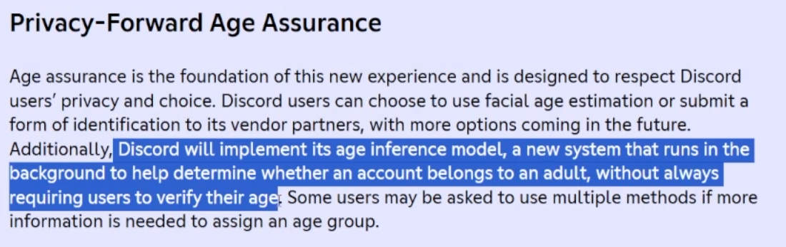 Text titled 'Privacy-Forward Age Assurance.' Highlights Discord's commitment to user privacy, describing a new age inference model to determine if an account belongs to an adult, minimizing age verification steps. Key phrases are highlighted in blue.