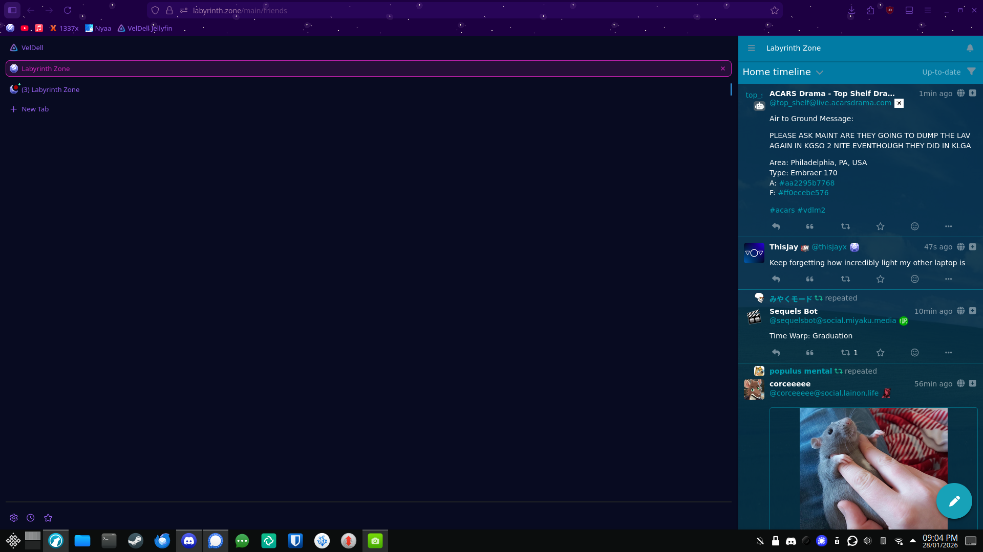a screenshot from a computer where firefox is fullscreen but the vertical tab bar has been pulled to its maximum possible width and leaves only a fifth of the window for the website content